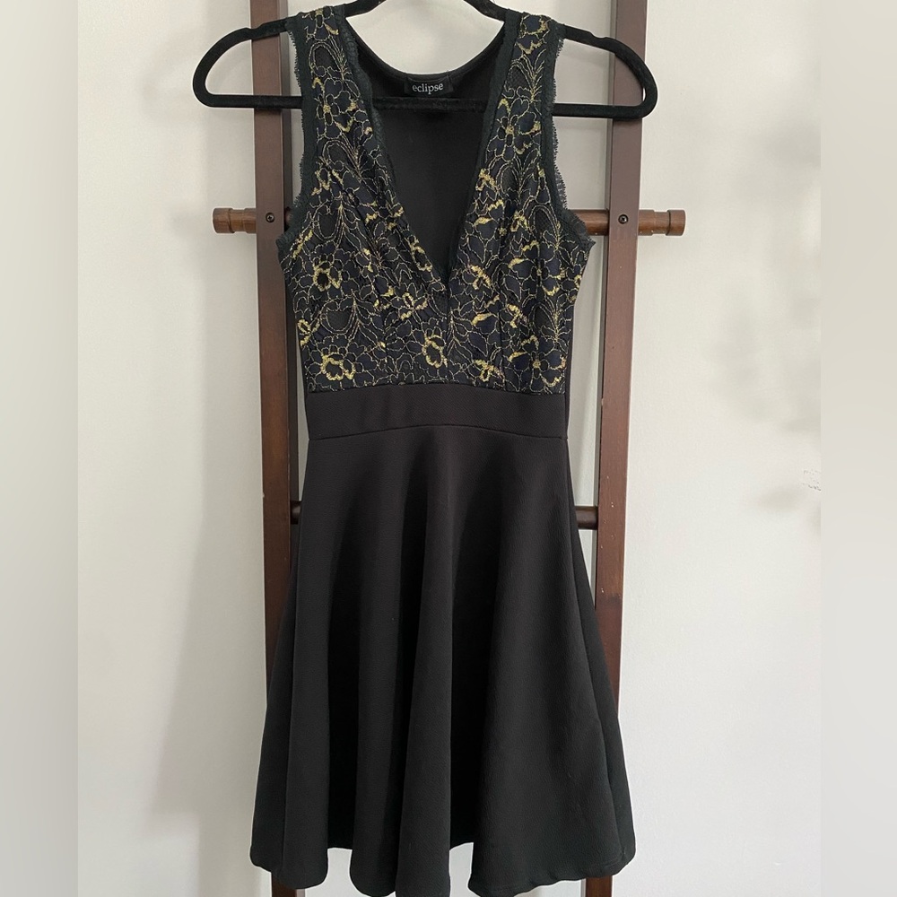 black / gold V neck dress